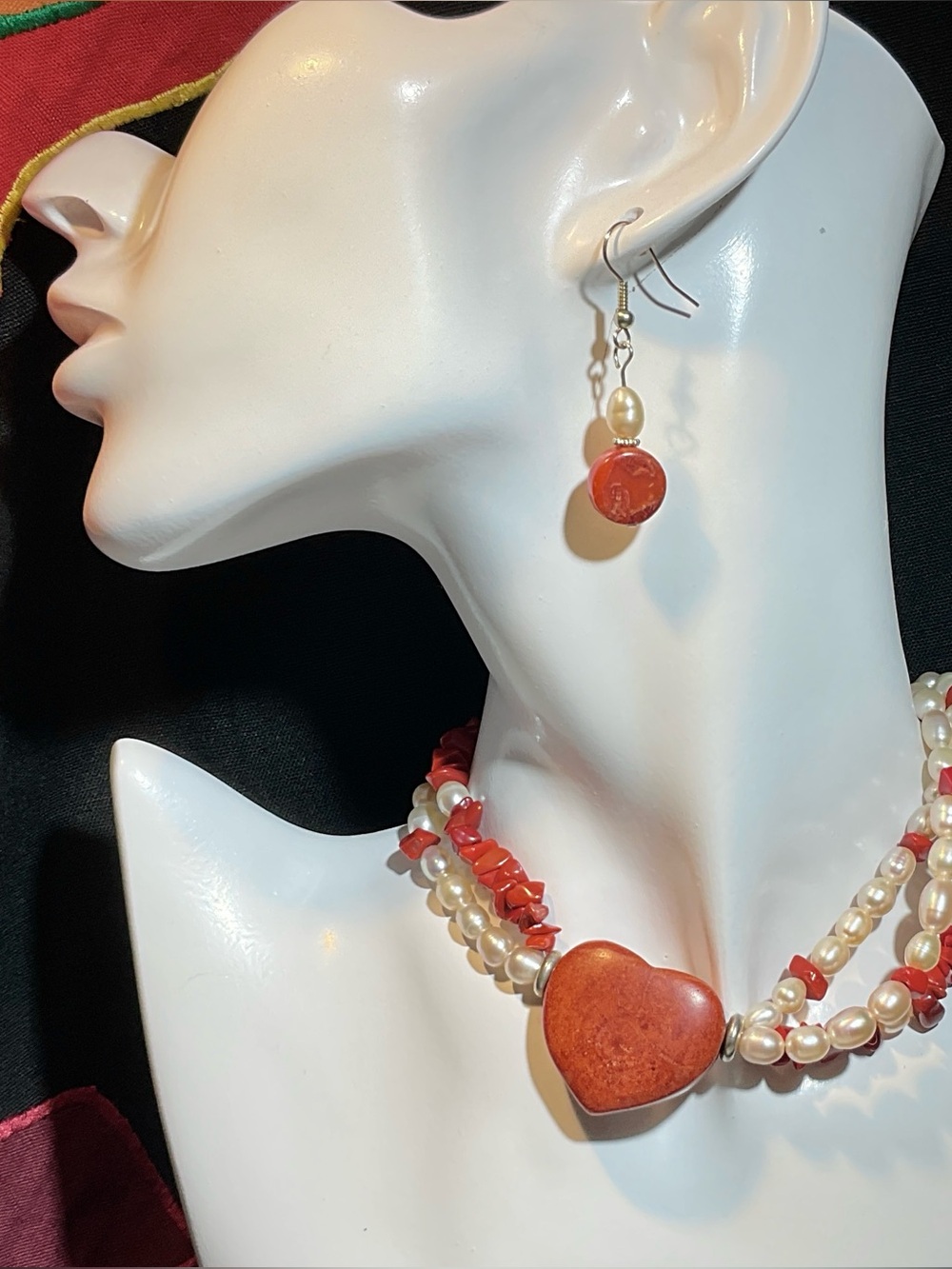 New artisan made Red Coral Heart and fresh=water Pearl Necklace